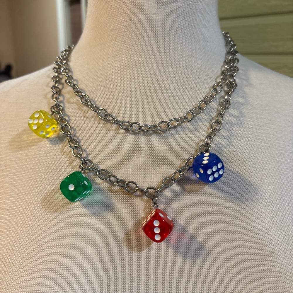 Silver‎ Tone Double Layered Chain Necklace with Multicolor Translucent Dice